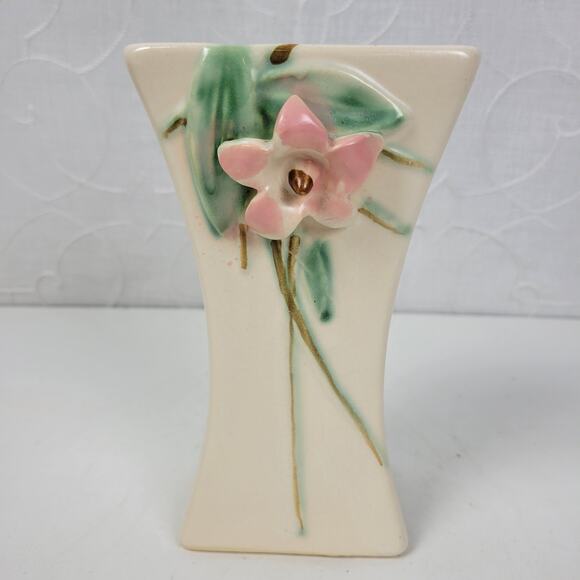 Vintage McCoy Pottery Blossom Time Flower Vase 6.5" Cream Pink 3D Art - Picture 1 of 16